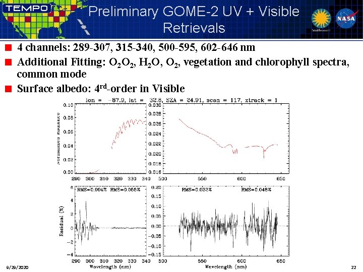 Preliminary GOME-2 UV + Visible Retrievals 4 channels: 289 -307, 315 -340, 500 -595,