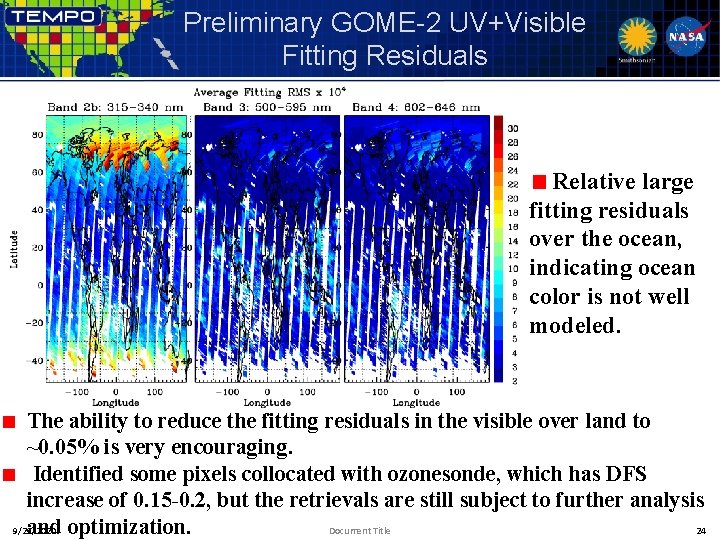 Preliminary GOME-2 UV+Visible Fitting Residuals Relative large fitting residuals over the ocean, indicating ocean