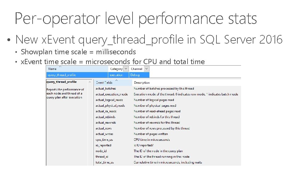 Per-operator level performance stats • New x. Event query_thread_profile in SQL Server 2016 •