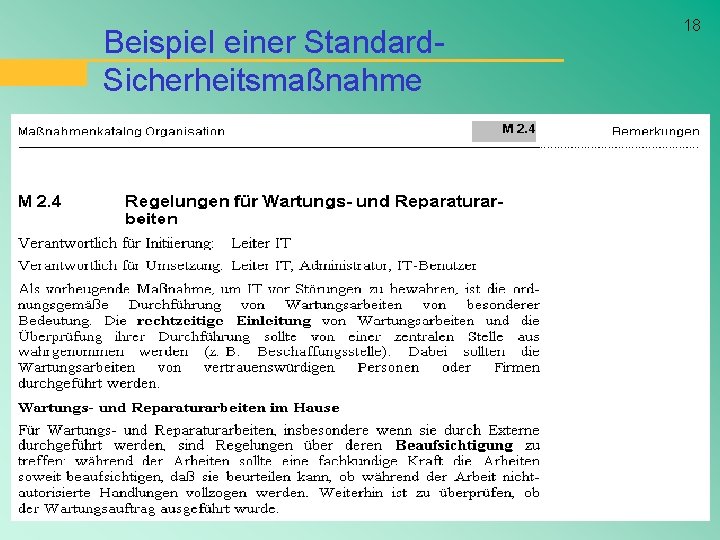 Beispiel einer Standard. Sicherheitsmaßnahme 18 