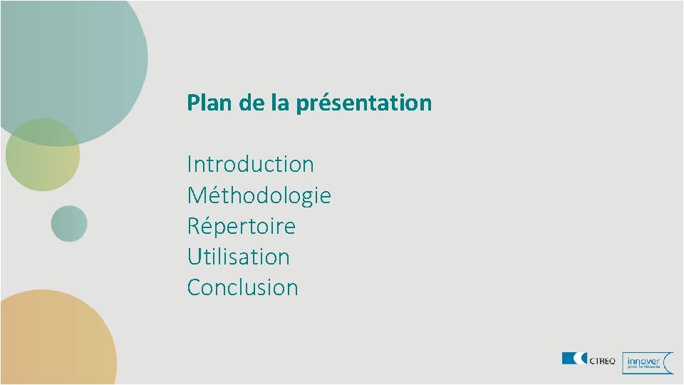 Plan de la présentation Introduction Méthodologie Répertoire Utilisation Conclusion 