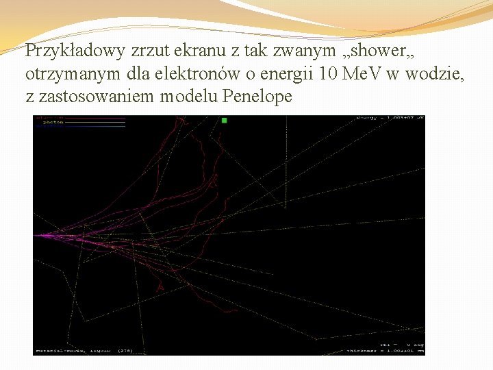 Przykładowy zrzut ekranu z tak zwanym „shower„ otrzymanym dla elektronów o energii 10 Me.