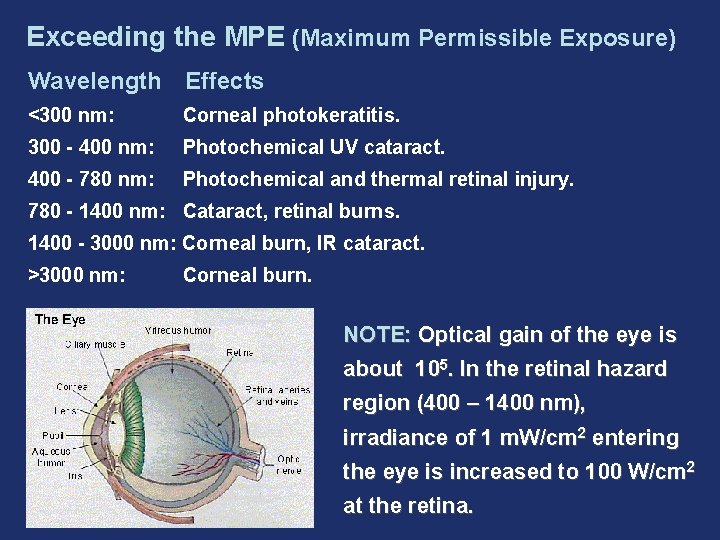 Exceeding the MPE (Maximum Permissible Exposure) Wavelength Effects <300 nm: Corneal photokeratitis. 300 -