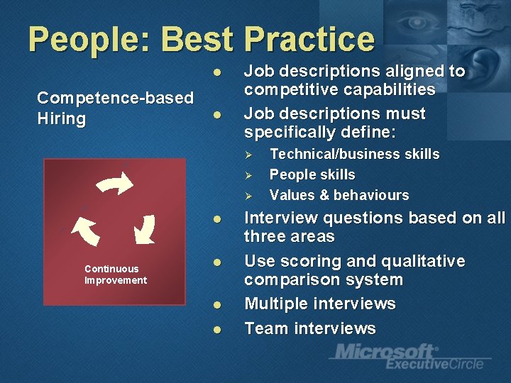 People: Best Practice l Competence-based Hiring l Job descriptions aligned to competitive capabilities Job