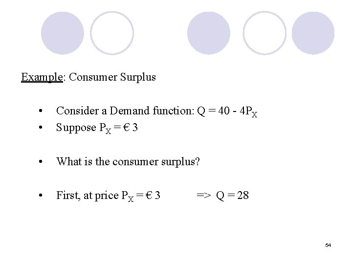 Example: Consumer Surplus • • Consider a Demand function: Q = 40 - 4