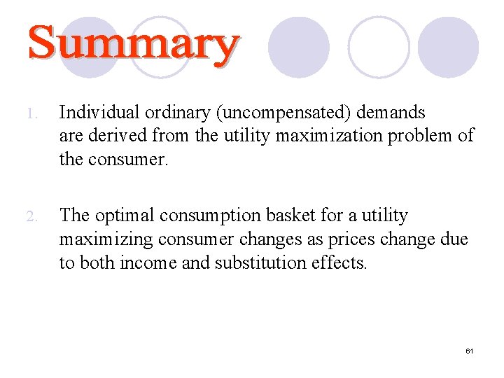 1. Individual ordinary (uncompensated) demands are derived from the utility maximization problem of the