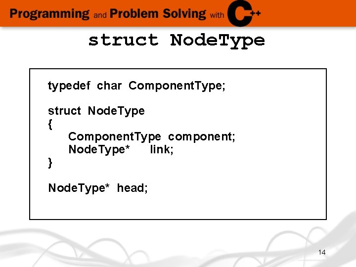 struct Node. Type typedef char Component. Type; struct Node. Type { Component. Type component;