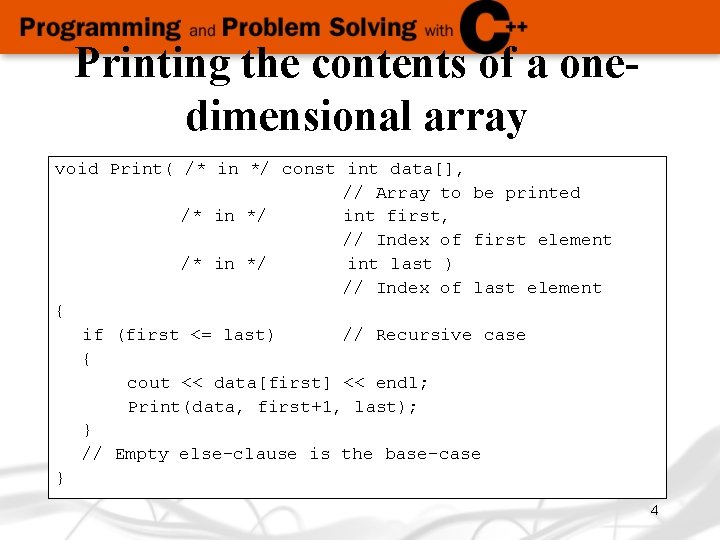 Printing the contents of a onedimensional array void Print( /* in */ const int