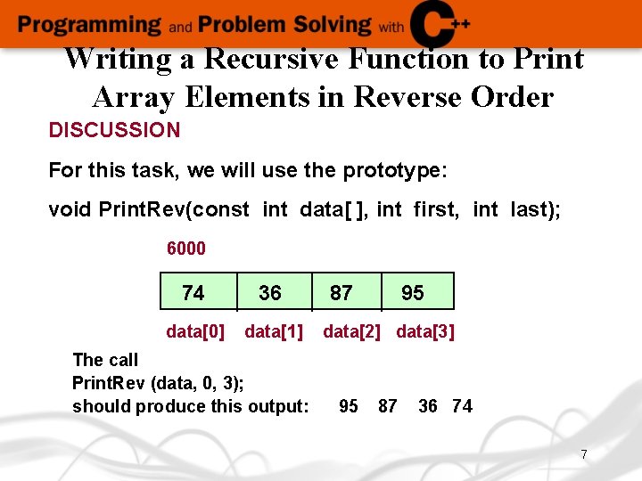 Writing a Recursive Function to Print Array Elements in Reverse Order DISCUSSION For this