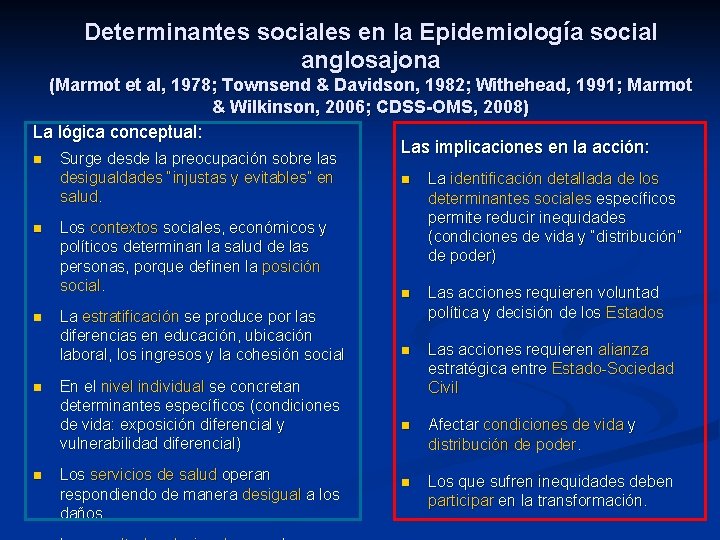 Determinantes sociales en la Epidemiología social anglosajona (Marmot et al, 1978; Townsend & Davidson,