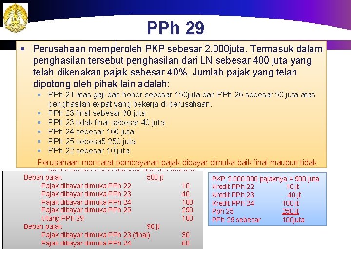 PPh 29 § Perusahaan memperoleh PKP sebesar 2. 000 juta. Termasuk dalam penghasilan tersebut