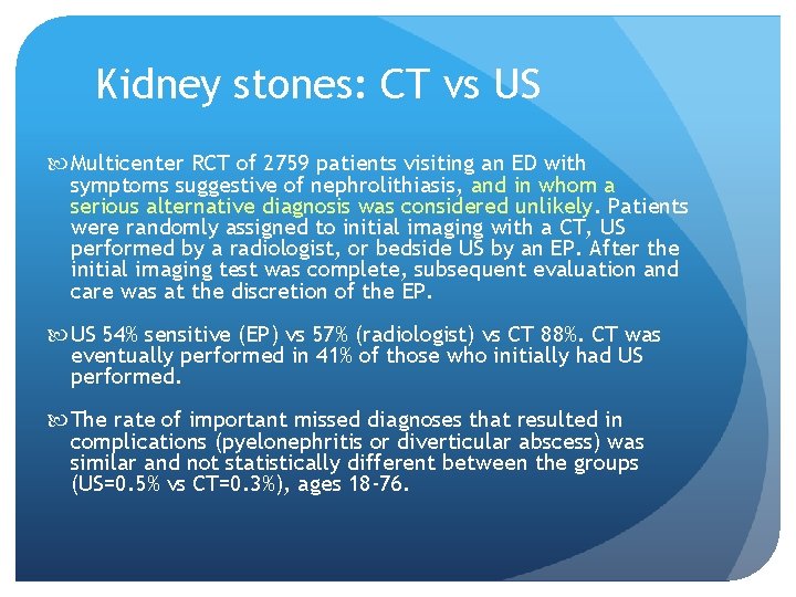 Kidney stones: CT vs US Multicenter RCT of 2759 patients visiting an ED with