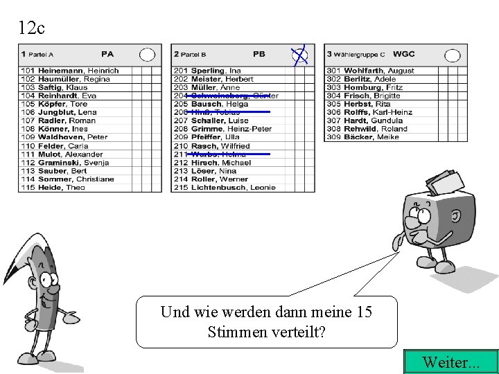 12 c Und wie werden dann meine 15 Stimmen verteilt? Weiter. . . 