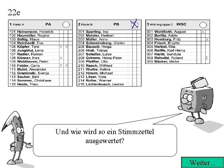 22 e 1 Und wie wird so ein Stimmzettel ausgewertet? Weiter. . . 