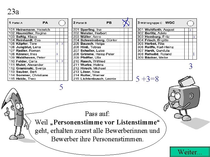 23 a 1 3 5 5 +3=8 Pass auf: Weil „Personenstimme vor Listenstimme“ geht,