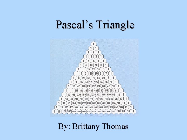 Pascal’s Triangle By: Brittany Thomas 