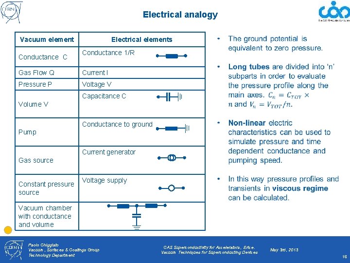 Electrical analogy Vacuum element Conductance C Electrical elements Conductance 1/R Gas Flow Q Current