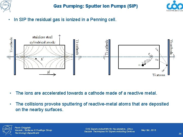 Gas Pumping: Sputter Ion Pumps (SIP) • In SIP the residual gas is ionized