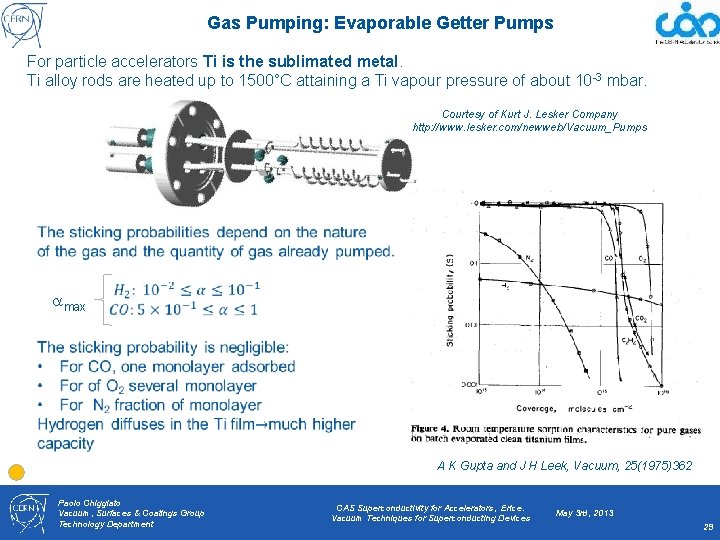 Gas Pumping: Evaporable Getter Pumps For particle accelerators Ti is the sublimated metal. Ti
