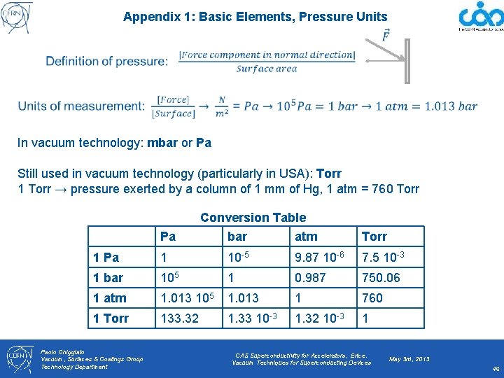 Appendix 1: Basic Elements, Pressure Units In vacuum technology: mbar or Pa Still used