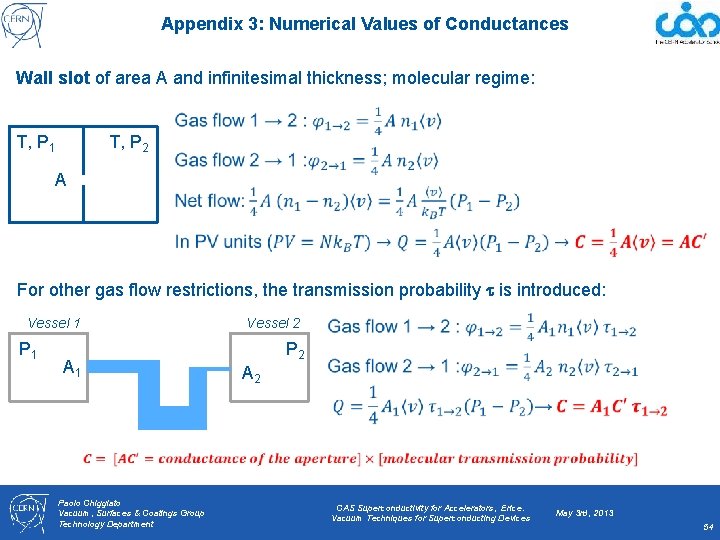 Appendix 3: Numerical Values of Conductances Wall slot of area A and infinitesimal thickness;