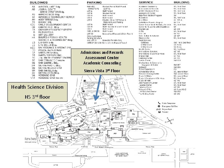 Admissions and Records Assessment Center Academic Counseling Sierra Vista 3 rd Floor Health Science