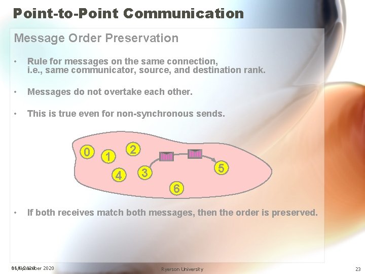 Point-to-Point Communication Message Order Preservation • Rule for messages on the same connection, i.