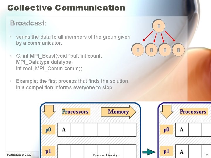 Collective Communication Broadcast: • sends the data to all members of the group given