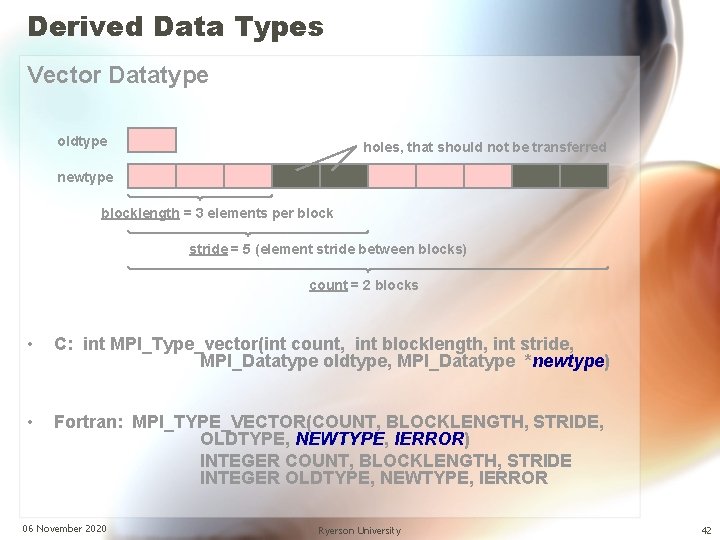 Derived Data Types Vector Datatype oldtype holes, that should not be transferred newtype blocklength