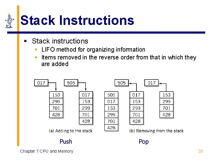 Stack Instructions § Stack instructions § LIFO method for organizing information § Items removed