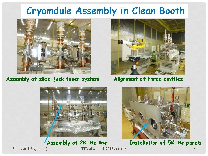 Cryomdule Assembly in Clean Booth Assembly of slide-jack tuner system Alignment of three cavities Cryomdule Assembly in Clean Booth Assembly of slide-jack tuner system Alignment of three cavities