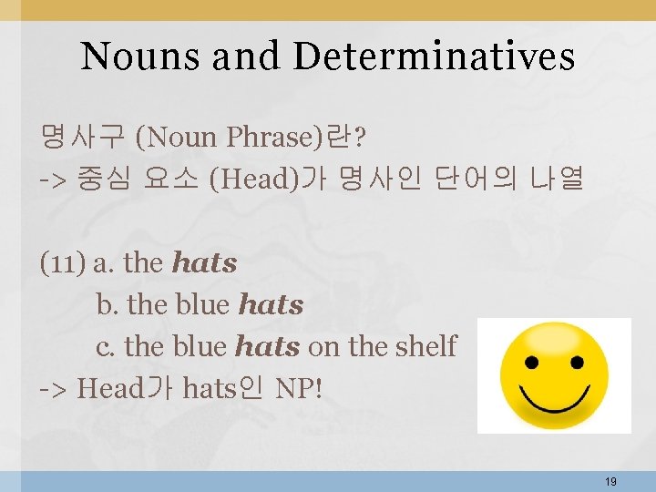 Nouns and Determinatives 명사구 (Noun Phrase)란? -> 중심 요소 (Head)가 명사인 단어의 나열 (11) Nouns and Determinatives 명사구 (Noun Phrase)란? -> 중심 요소 (Head)가 명사인 단어의 나열 (11)