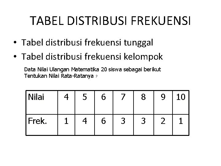 TABEL DISTRIBUSI FREKUENSI • Tabel distribusi frekuensi tunggal • Tabel distribusi frekuensi kelompok Data