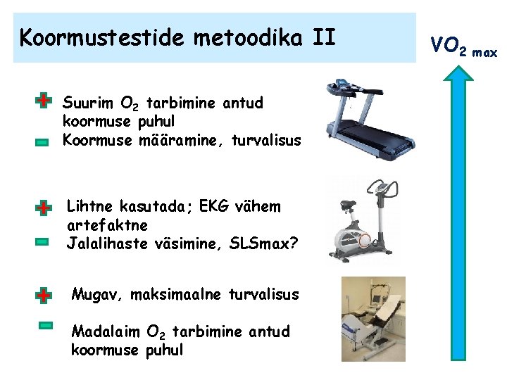 Koormustestide metoodika II Suurim O 2 tarbimine antud koormuse puhul Koormuse määramine, turvalisus Lihtne