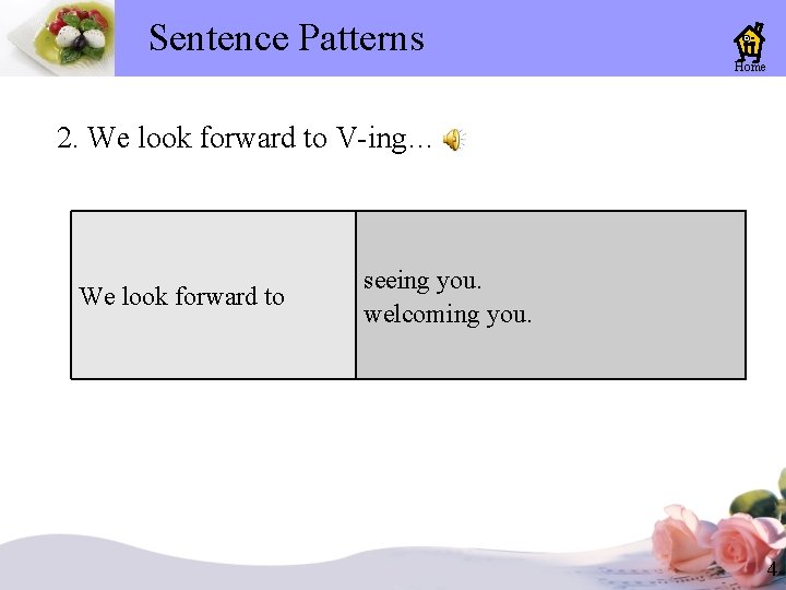 Sentence Patterns Home 2. We look forward to V-ing… We look forward to seeing Sentence Patterns Home 2. We look forward to V-ing… We look forward to seeing
