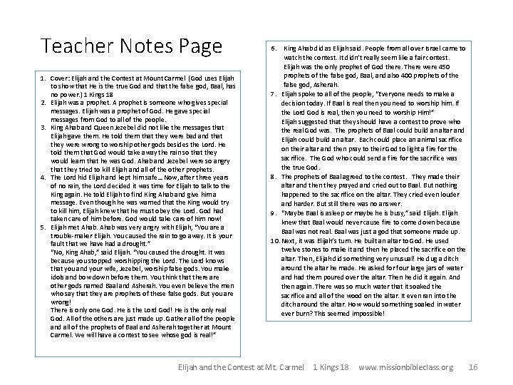 Teacher Notes Page 1. Cover: Elijah and the Contest at Mount Carmel (God uses