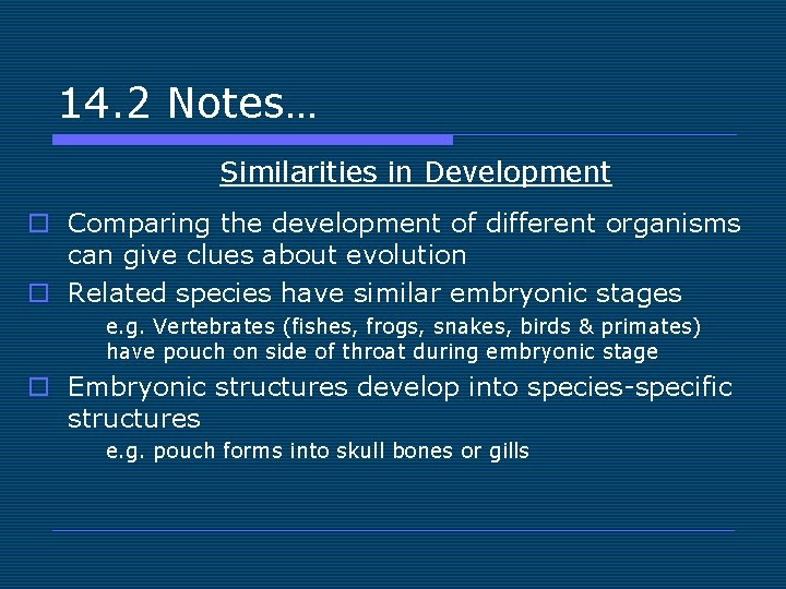 14. 2 Notes… Similarities in Development o Comparing the development of different organisms can