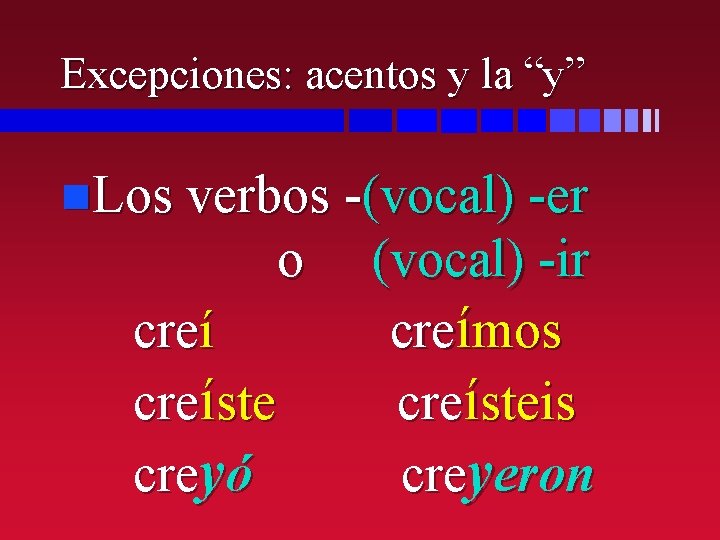 Excepciones: acentos y la “y” n. Los verbos -(vocal) -er o creíste creyó (vocal)
