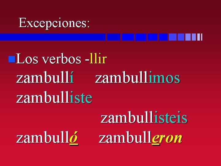 Excepciones: n. Los verbos -llir zambullí zambullimos zambullisteis zambulló zambulleron 