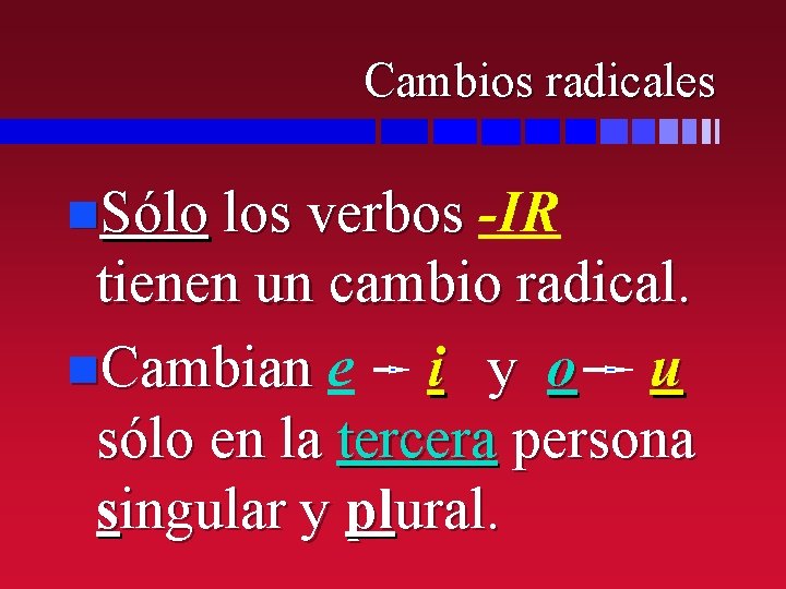 Cambios radicales n. Sólo los verbos -IR tienen un cambio radical. n. Cambian e