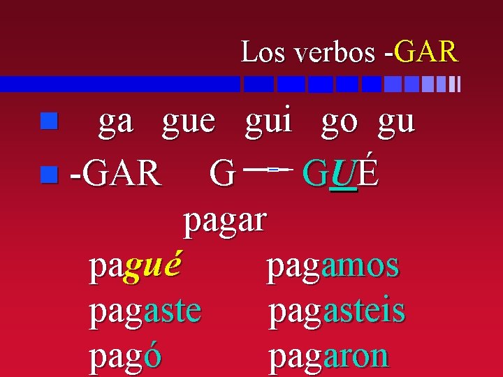 Los verbos -GAR ga gue gui go gu n -GAR G GUÉ pagar pagué