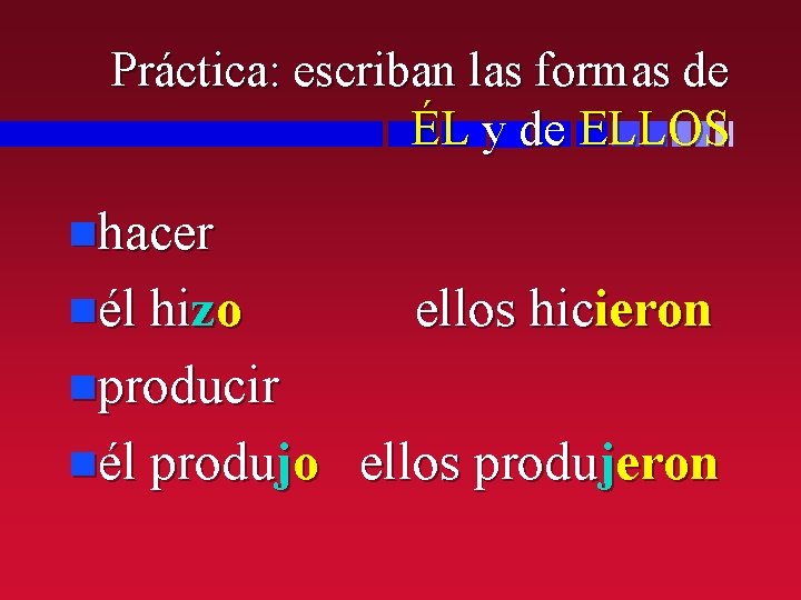 Práctica: escriban las formas de ÉL y de ELLOS nhacer nél hizo ellos hicieron