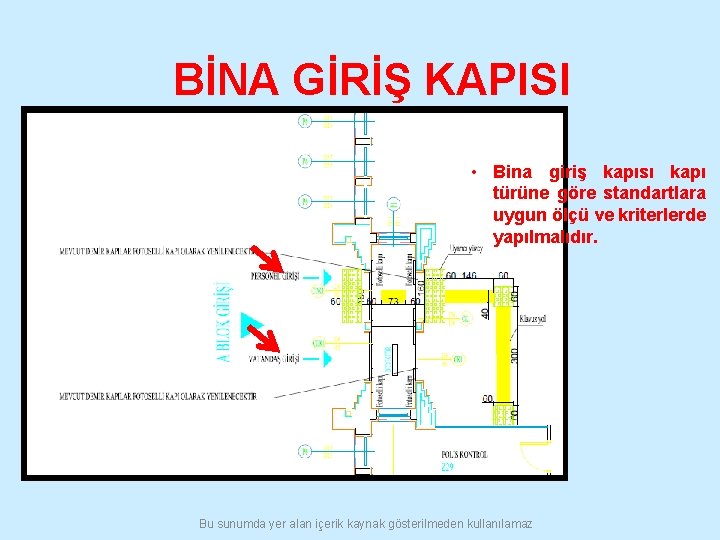 BİNA GİRİŞ KAPISI • Bina giriş kapısı kapı türüne göre standartlara uygun ölçü ve