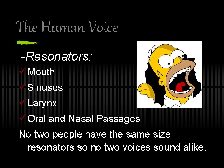 The Human Voice -Resonators: ü Mouth ü Sinuses ü Larynx ü Oral and Nasal