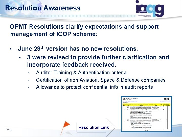 Resolution Awareness OPMT Resolutions clarify expectations and support management of ICOP scheme: • June