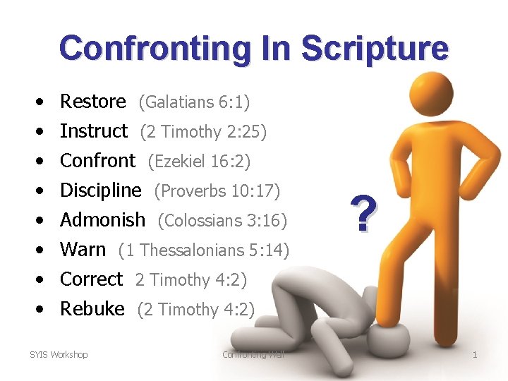 Confronting In Scripture • • Restore (Galatians 6: 1) Instruct (2 Timothy 2: 25)