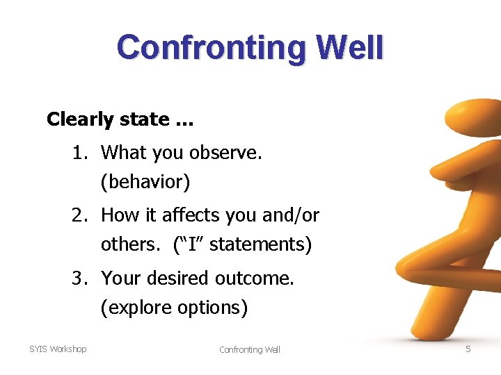 Confronting Well Clearly state … 1. What you observe. (behavior) 2. How it affects