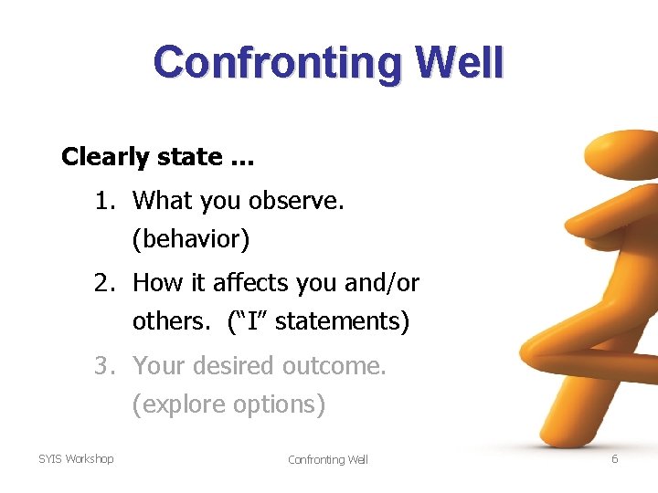 Confronting Well Clearly state … 1. What you observe. (behavior) 2. How it affects