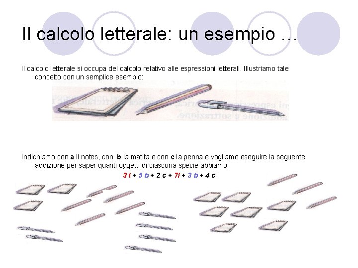 Il calcolo letterale: un esempio … Il calcolo letterale si occupa del calcolo relativo