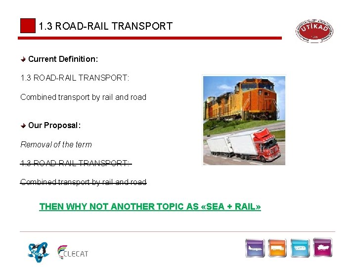 1. 3 ROAD-RAIL TRANSPORT Current Definition: 1. 3 ROAD-RAIL TRANSPORT: Combined transport by rail 1. 3 ROAD-RAIL TRANSPORT Current Definition: 1. 3 ROAD-RAIL TRANSPORT: Combined transport by rail
